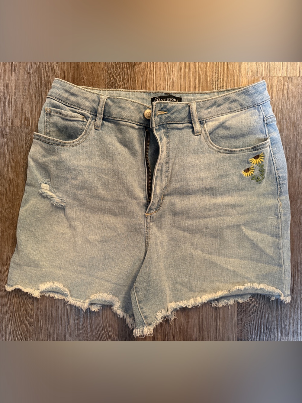 Versona Light Blue Denim Shorts with Yellow Daisy Embroidery
